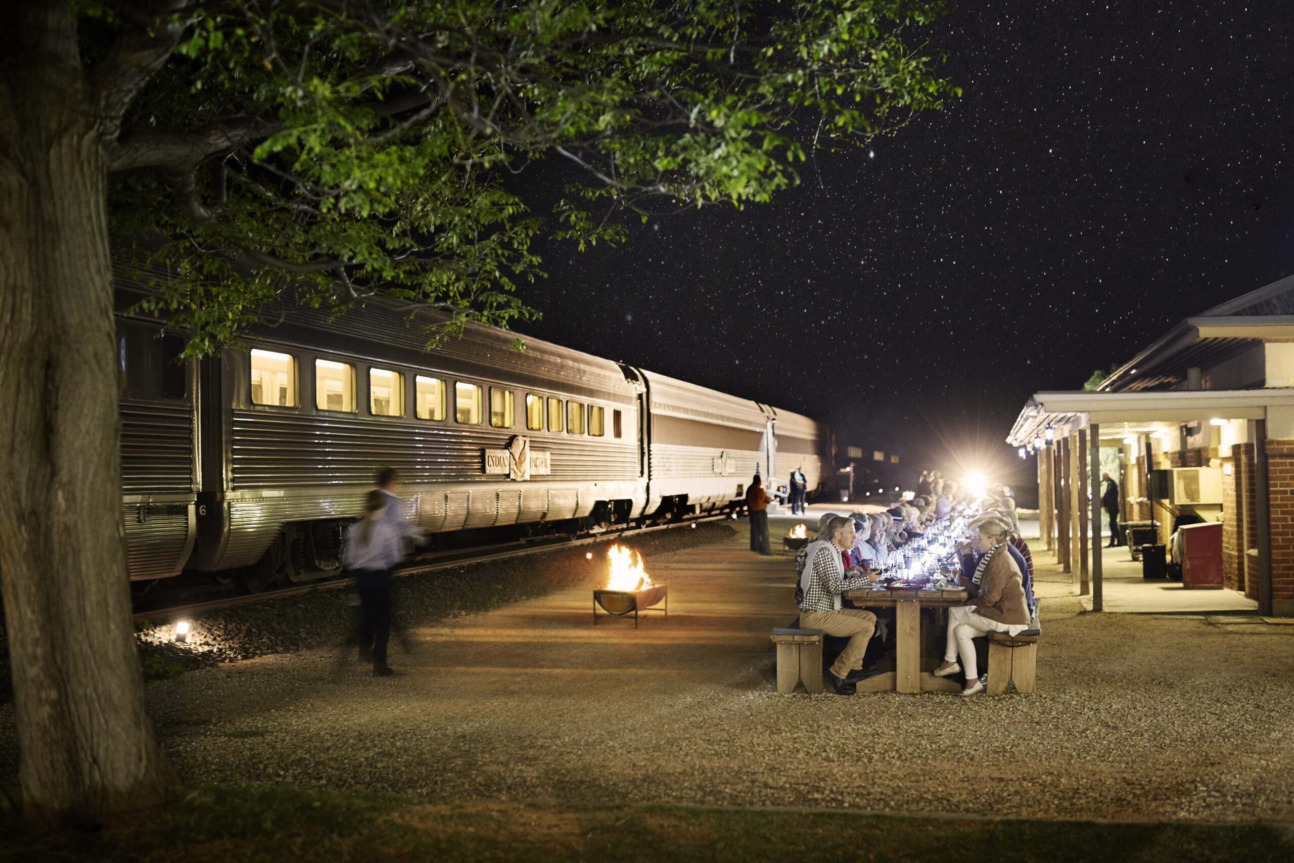 People dining next to train at night under the stars with a fire pit